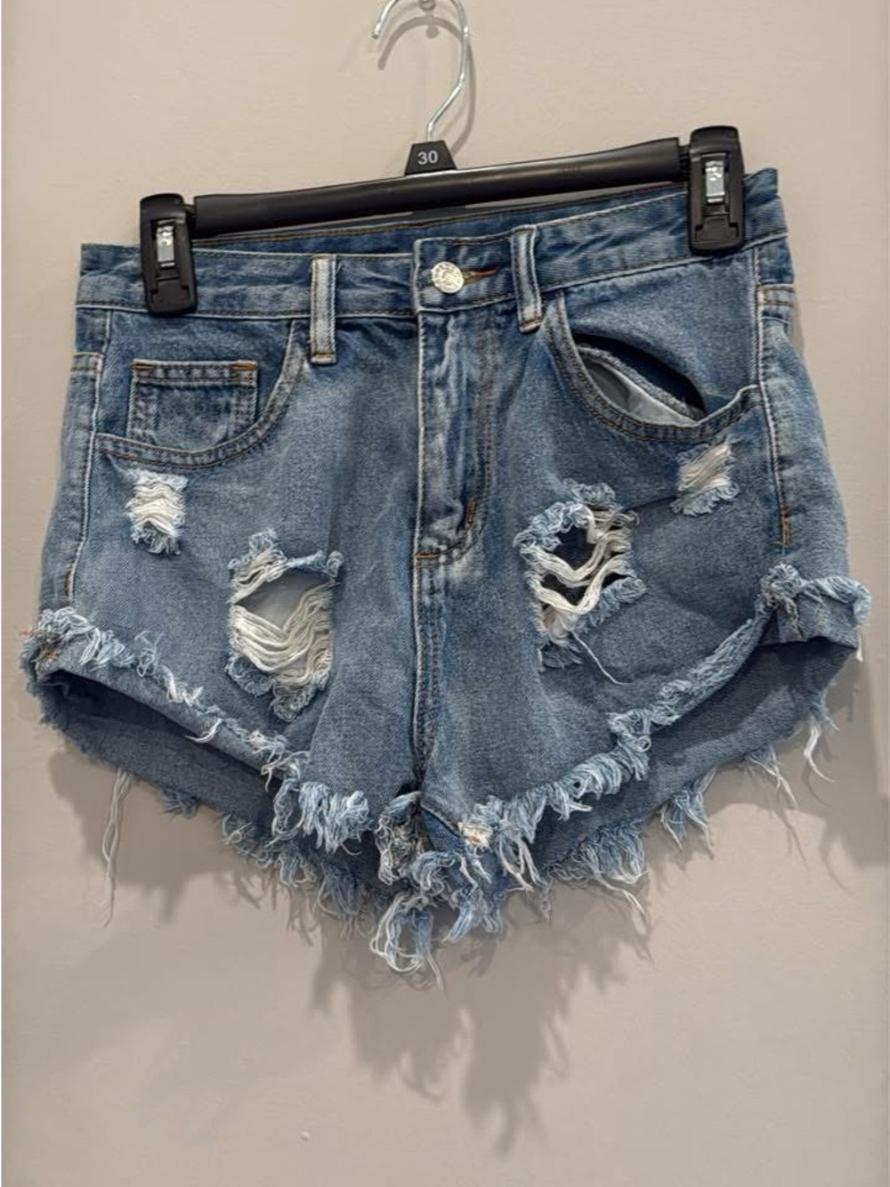 Distressed High-Waist Denim Shorts - Light Blue